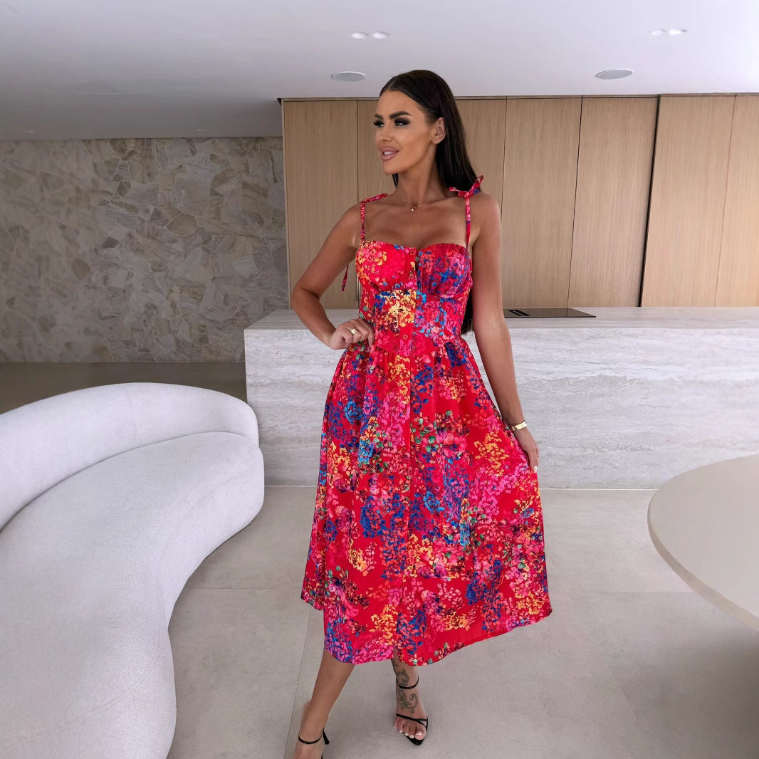 Off-neck Color Printing Slip Dress