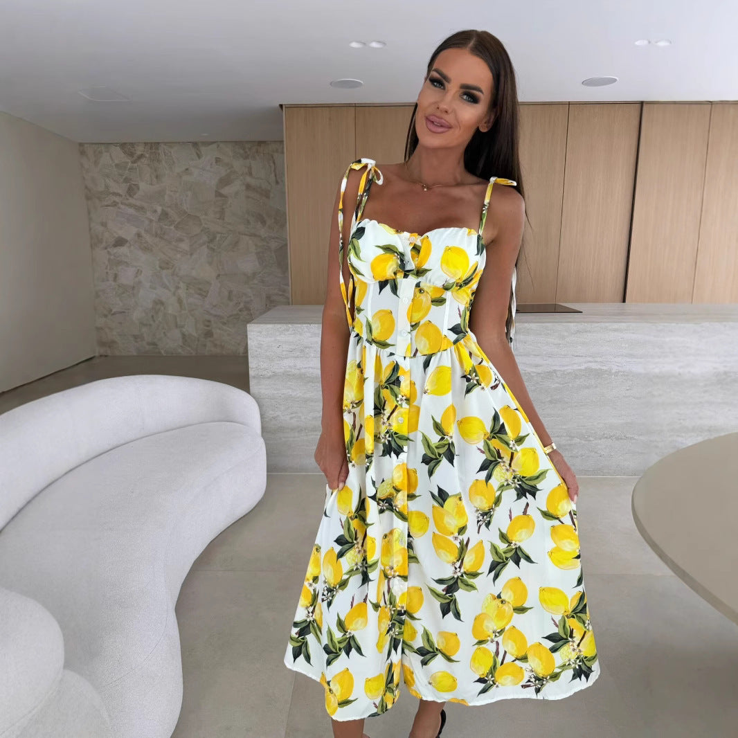 Off-neck Color Printing Slip Dress