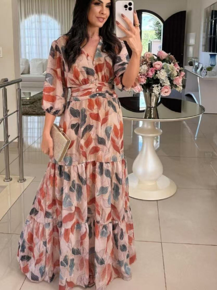 V-neck Fashion Elegant Printed Long Dress