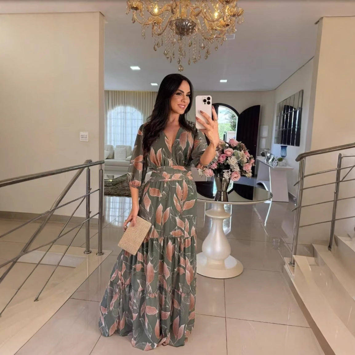 V-neck Fashion Elegant Printed Long Dress