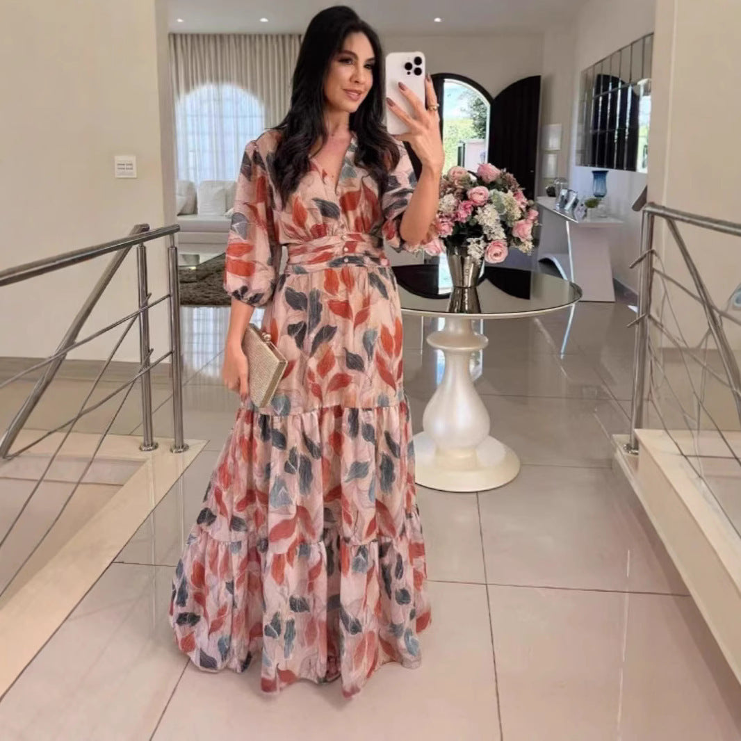 V-neck Fashion Elegant Printed Long Dress