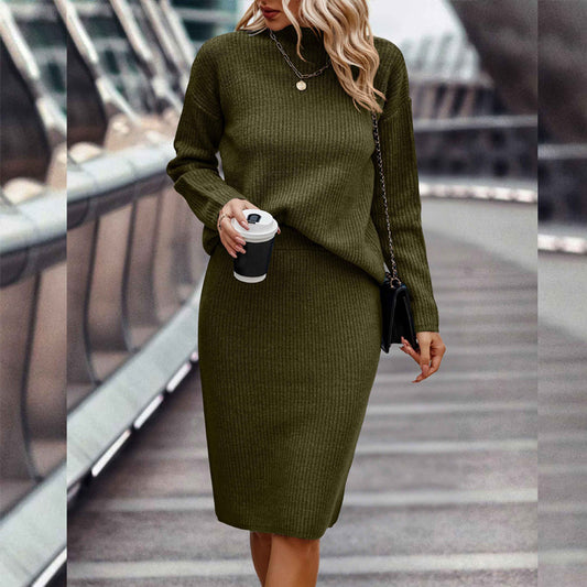 Elegant seasonal ensemble featuring a sleek, long-sleeved knit top with a high neckline, paired with coordinating bottoms for women.