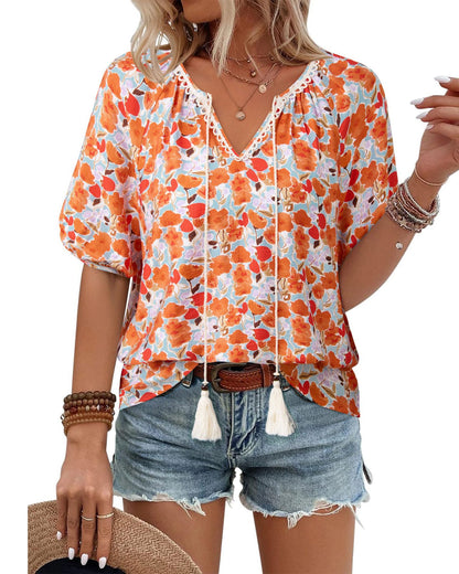 Bohemian Casual V-neck Short-sleeve Printed Blouse