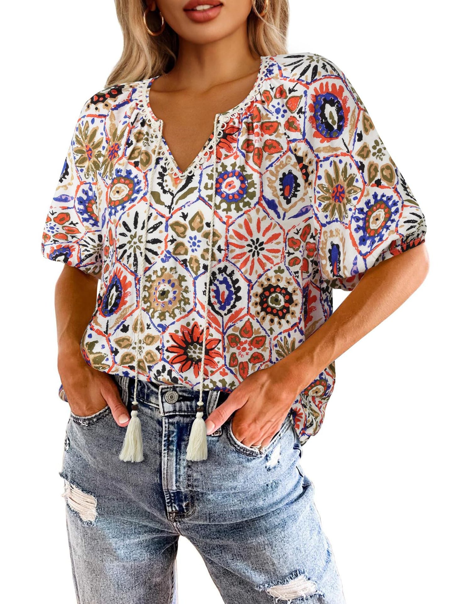Bohemian Casual V-neck Short-sleeve Printed Blouse