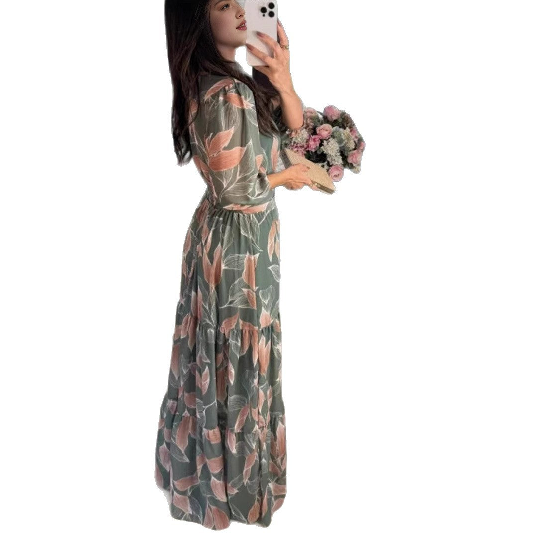 V-neck Fashion Elegant Printed Long Dress